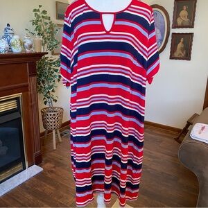 Dressbarn • Comfy Red White Blue Striped Tie-Sleeve Midi Dress • Plus 2X • NWT